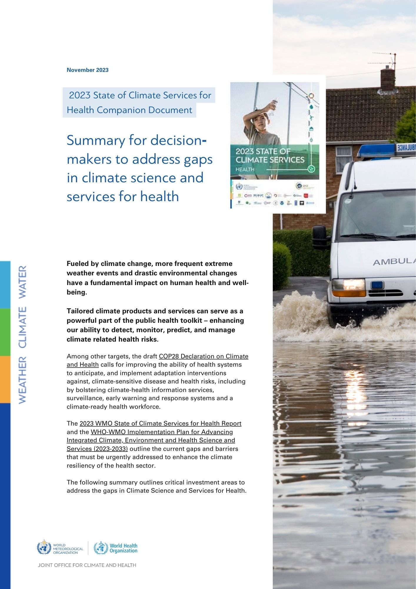 Summary for decision-makers to address gaps in climate science and services for health:  2023 State of Climate Services for Health Companion Document